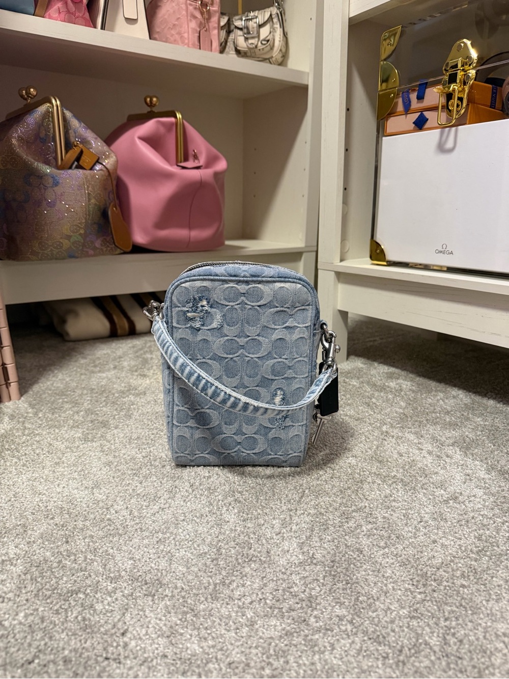 Coach Tristan 14 Light Blue Denim Signature Crossbody with Black Strap